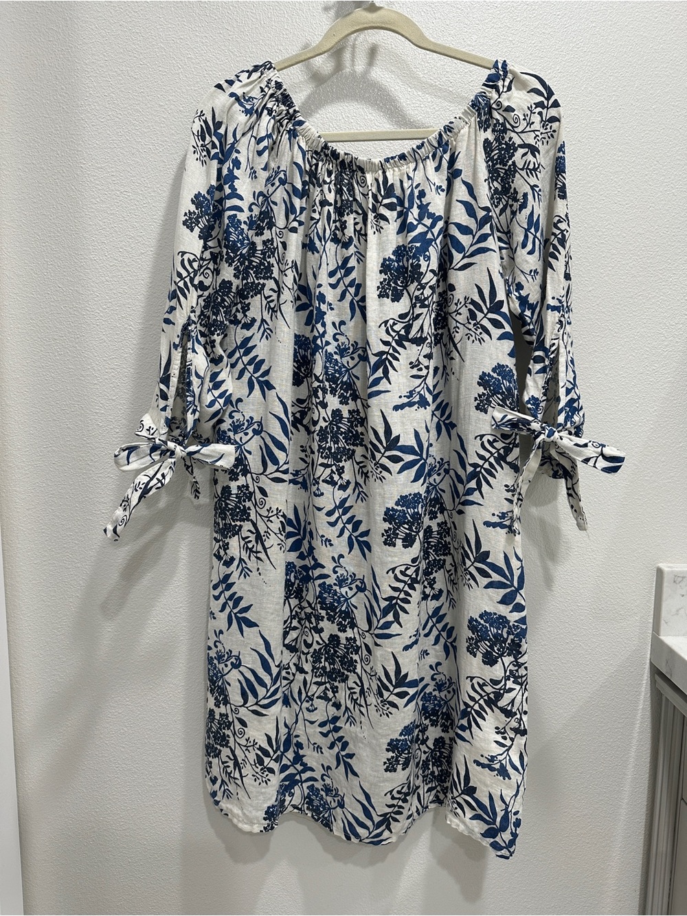 Blue Floral Off-Shoulder Tie-Sleeve Midi Dress